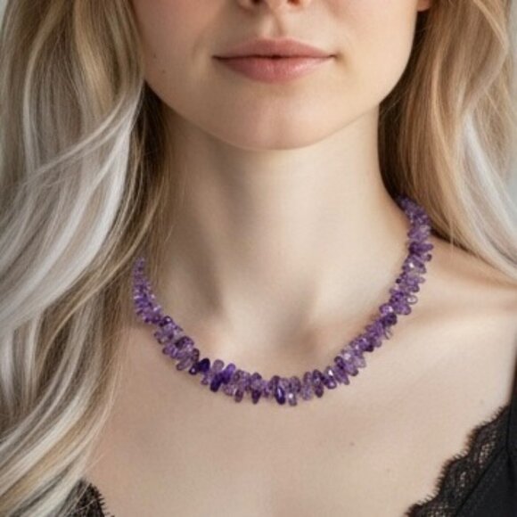 Vintage Natural Amethyst Beaded Necklace 16” Faceted Teardrop Gemstone Boho - Picture 4 of 13